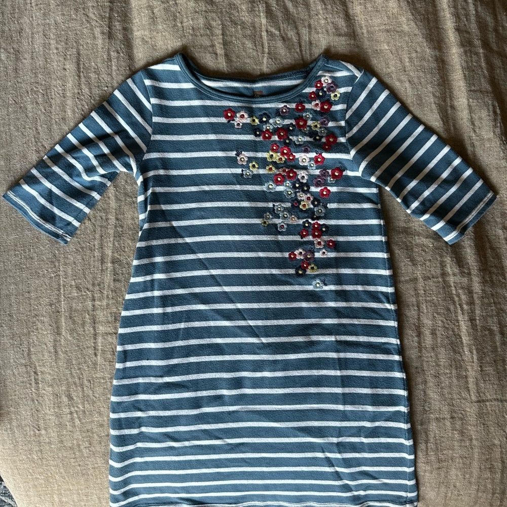 Tea Collection Blue Knit Striped Dress with Embroidered Floral Accents
